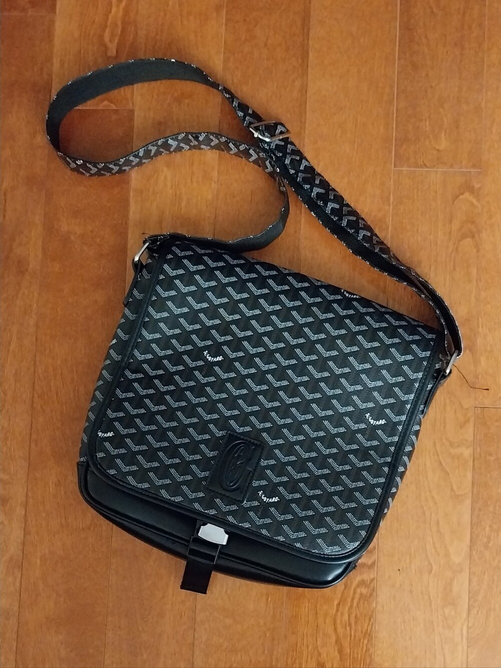 Black Patterned Crossbody Messenger Bag with Adjustable Strap